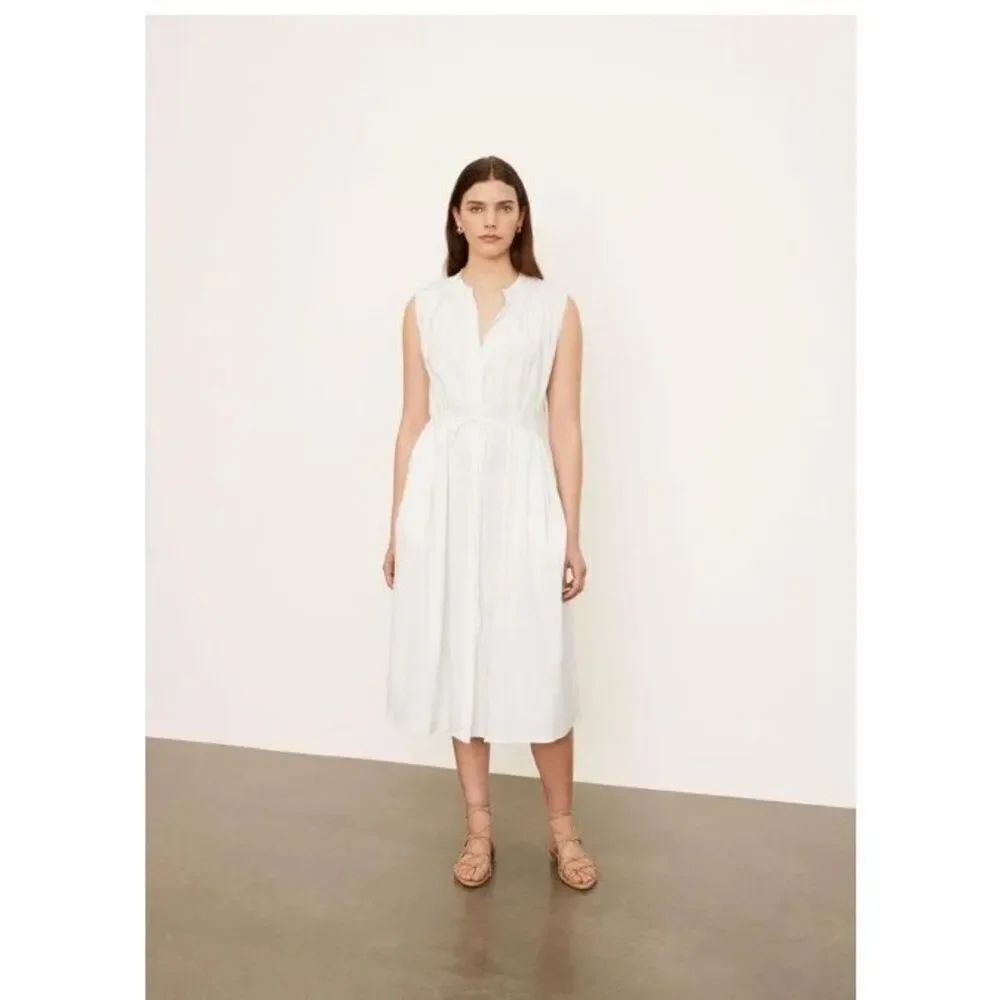 VINCE SLEEVELESS SHIRRED BAND COLLAR WHITE DRESS sz Large